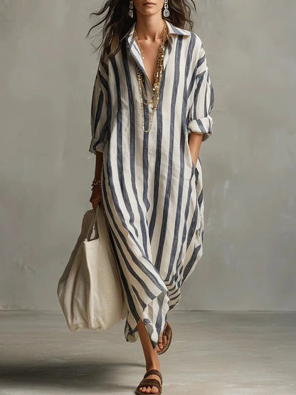 Women's Striped Oversized Button Front Outdoor Maxi Dress in Blue