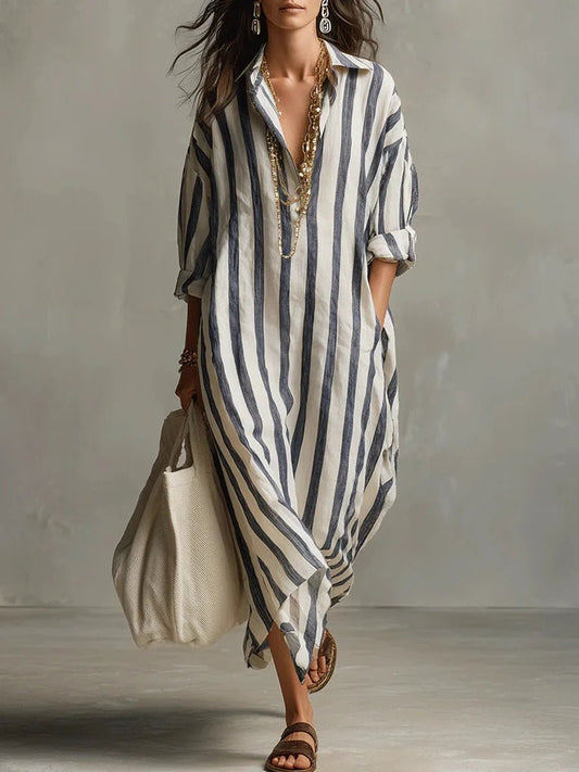 Women's Striped Oversized Button Front Outdoor Maxi Dress in Blue