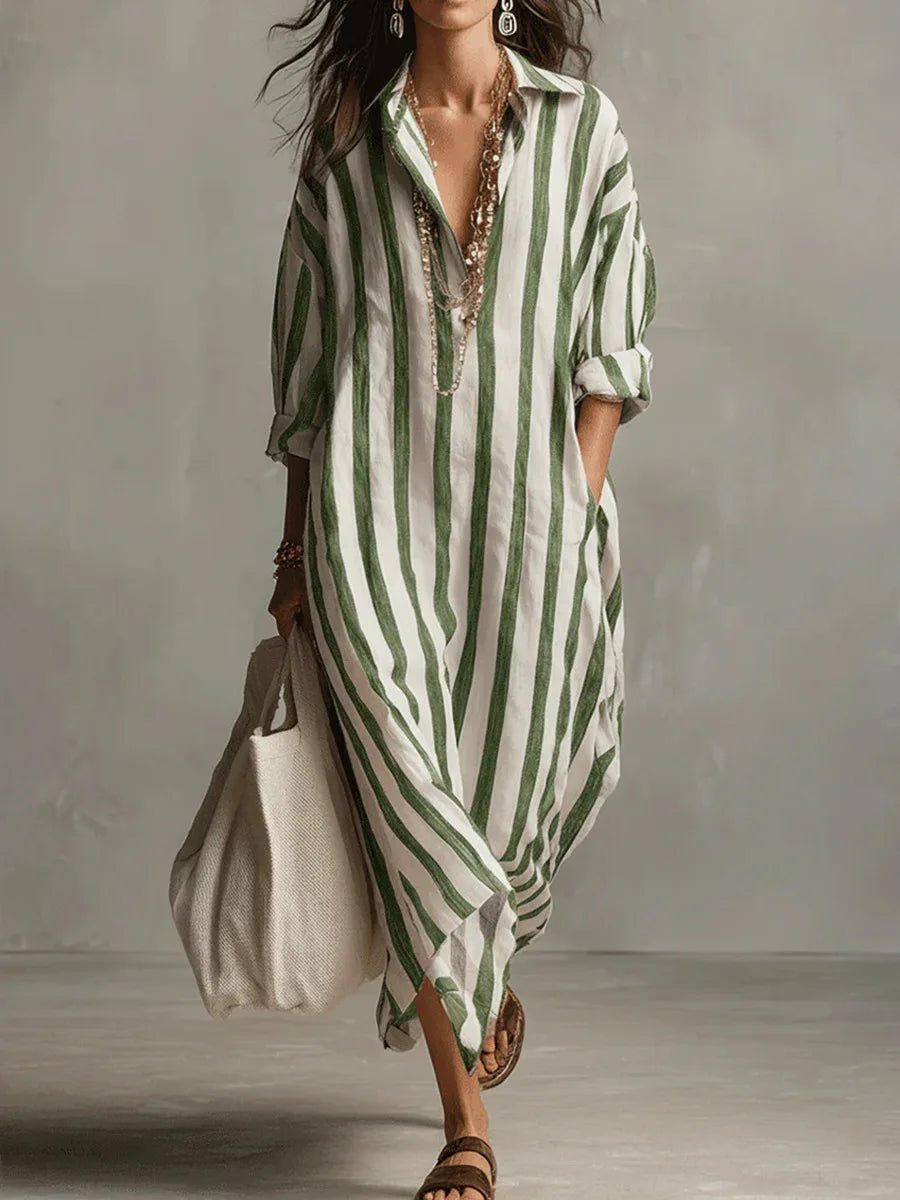 Women's Striped Oversized Button Front Outdoor Maxi Dress in Green