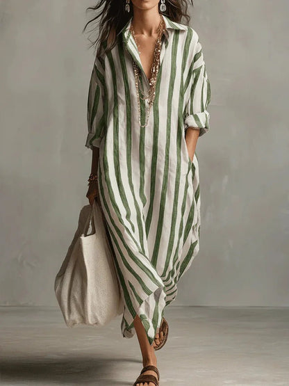 Women's Striped Oversized Button Front Outdoor Maxi Dress in Green