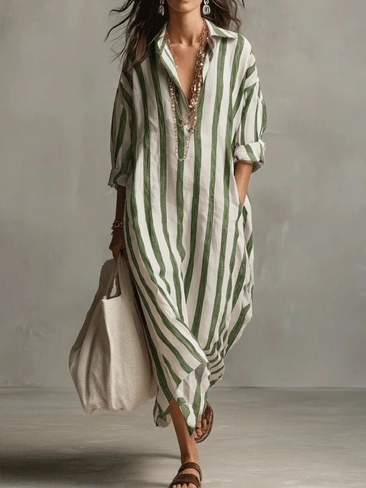 Women's Striped Oversized Button Front Outdoor Maxi Dress in Green