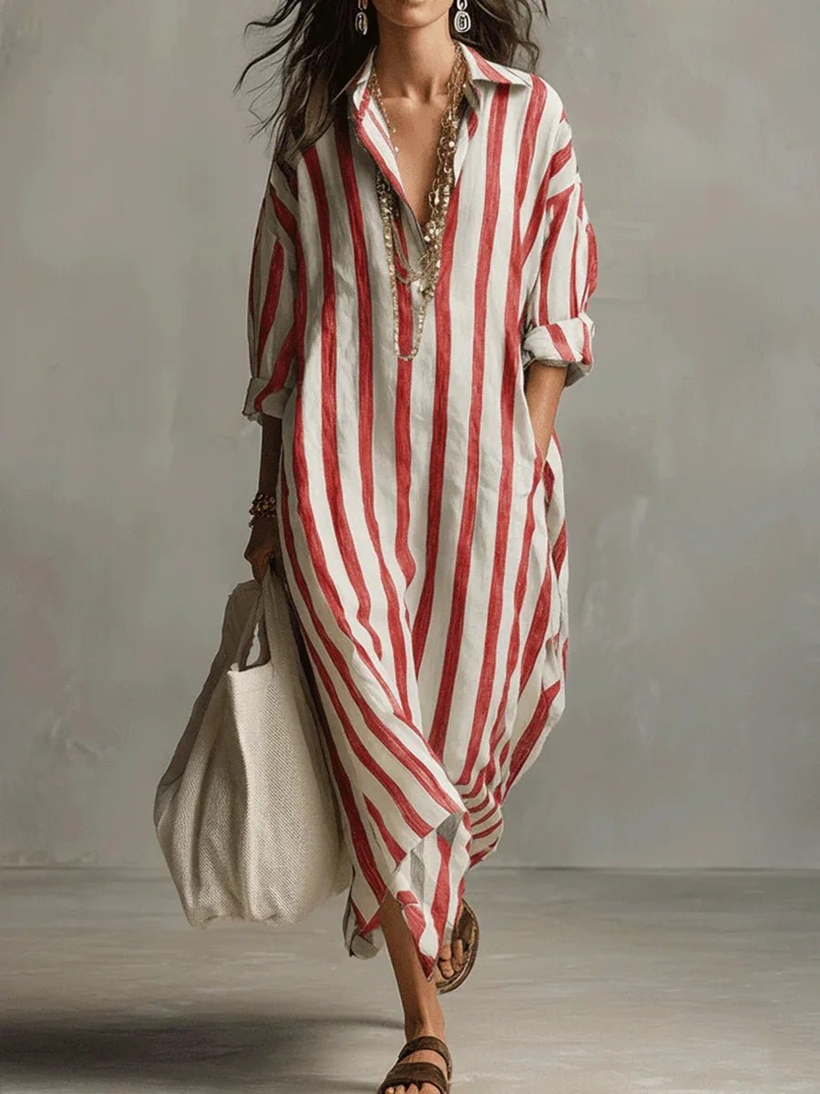 Women's Striped Oversized Button Front Outdoor Maxi Dress in Red