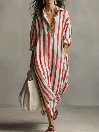 Women's Striped Oversized Button Front Outdoor Maxi Dress in Red