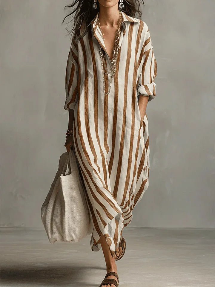 Women's Striped Oversized Button Front Outdoor Maxi Dress in Earthy Yellow