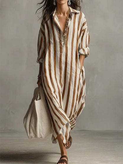 Women's Striped Oversized Button Front Outdoor Maxi Dress in Earthy Yellow