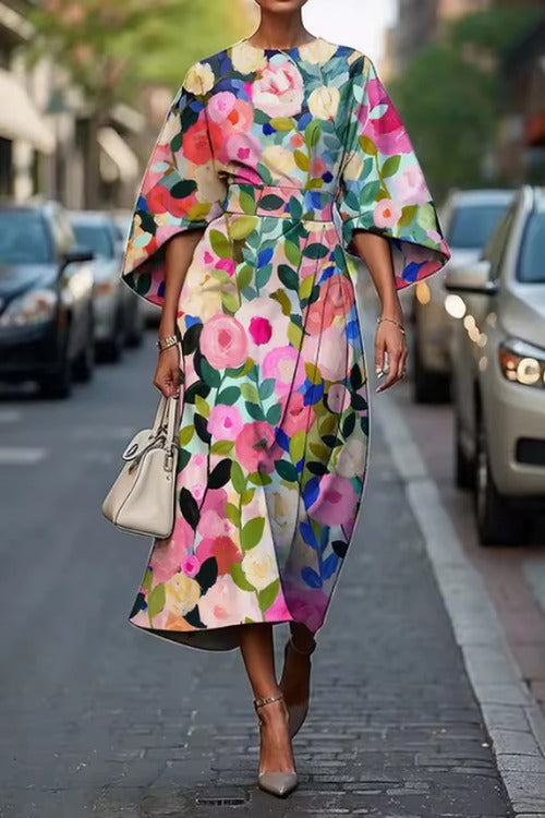 Women's Floral Belted Wedding Guest Dress in Floral