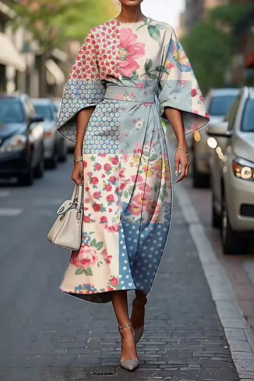 Women's Floral Belted Wedding Guest Dress in Colorful