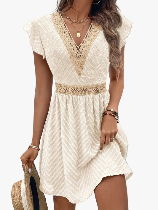 Women's V Neck Mini Dress in Apricot