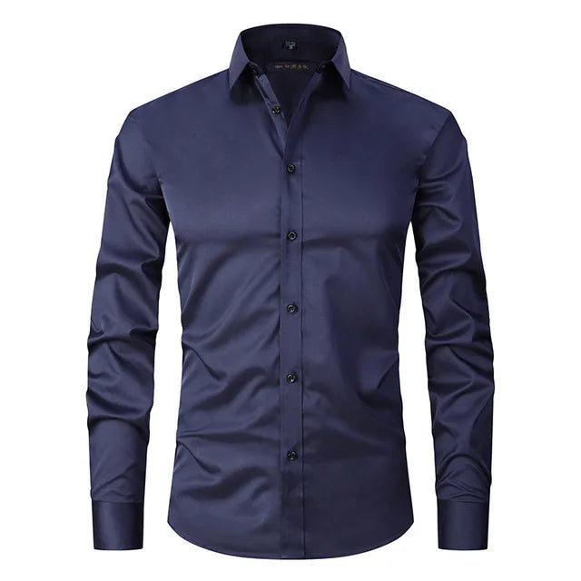 Men's White Slim Fit Button Front Shirt in Navy Blue