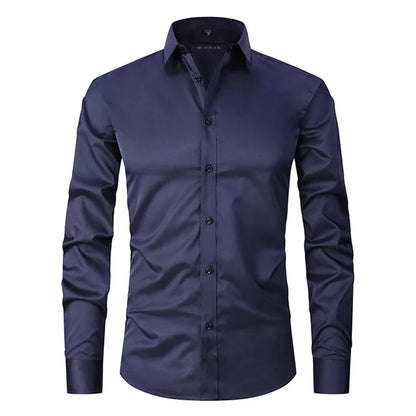 Men's White Slim Fit Button Front Shirt in Navy Blue