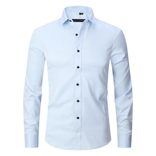 Men's White Slim Fit Button Front Shirt in Light Blue