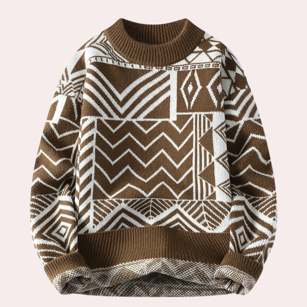 Men's Geometric Print Crew Neck Knitted Jumper in Brown