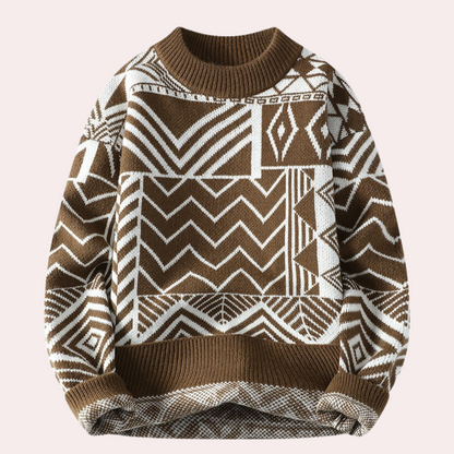 Men's Geometric Print Crew Neck Knitted Jumper in Brown