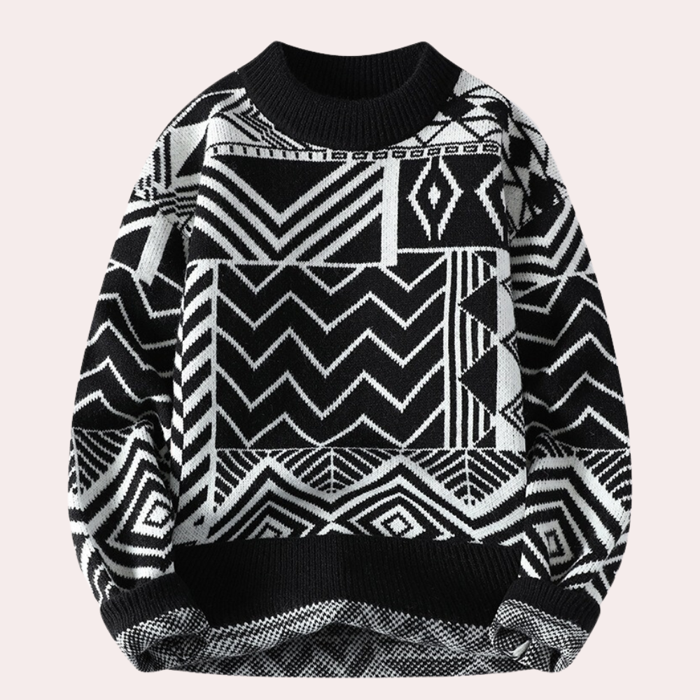 Men's Geometric Print Crew Neck Knitted Jumper in Black