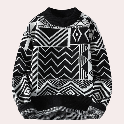 Men's Geometric Print Crew Neck Knitted Jumper in Black